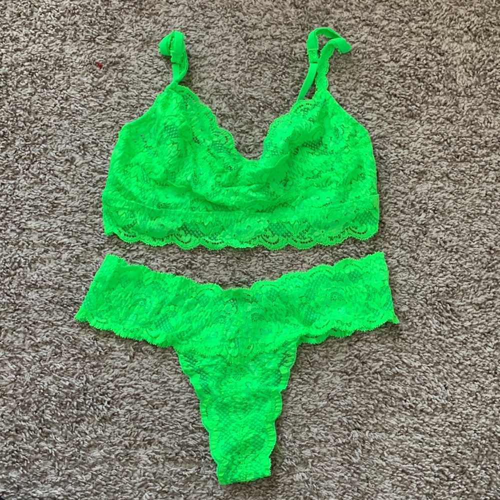 Neon green bralette and thong